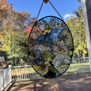 AMIA Hand-Painted Stained Glass Suncatcher Butterfly Flowers Art Monarch